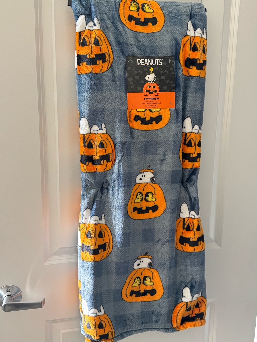 Peanuts Snoopy & Woodstock Halloween Blue Buffalo Plaid Plush Pet Blanket 60x70